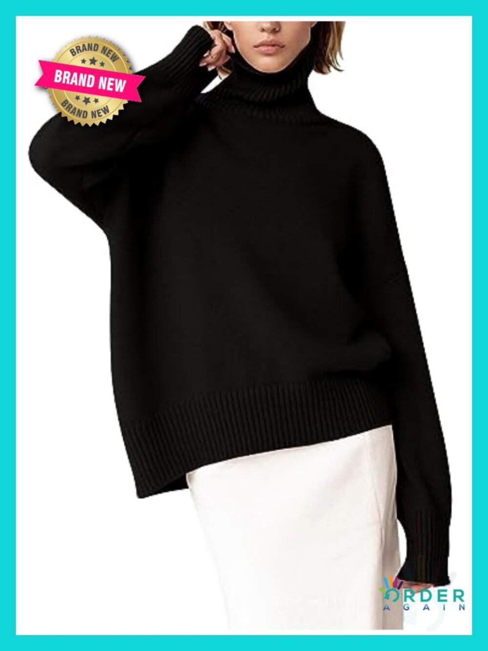 Chunky Knit Turtleneck Sweater Long Sleeve High Low Hem Pullover Jumper